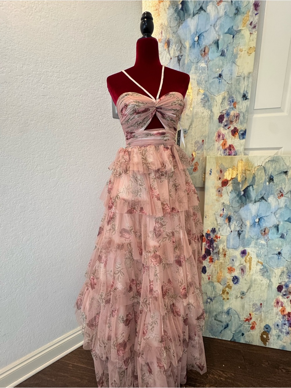 NWT Jovani Sz 0 Romantic Pink Floral Strapless/Halter Tiered Homecoming Dress 💕